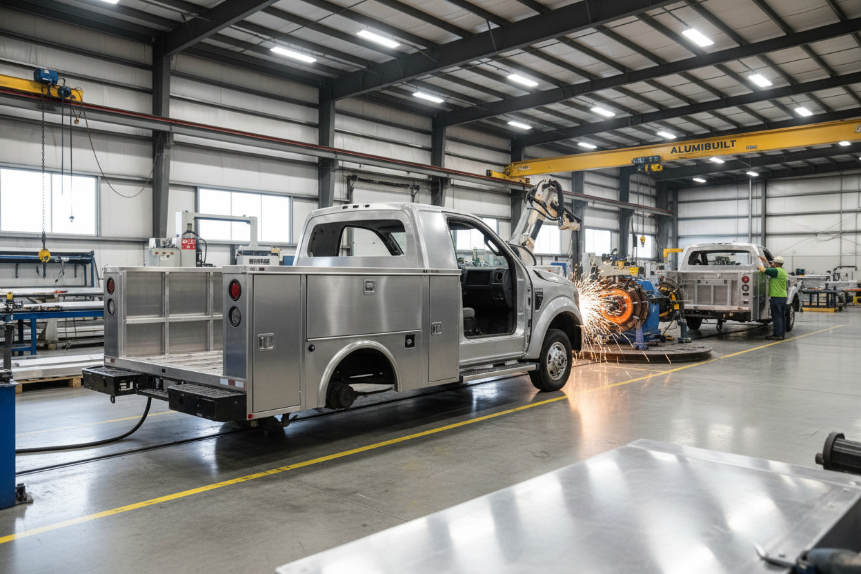 Workers assembling aluminum service bodies inside a production facility operated by leading truck body manufacturers.