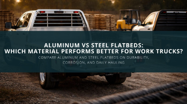 Aluminum and steel flatbed work trucks shown on a job site, comparing durability, corrosion resistance, and daily hauling performance.