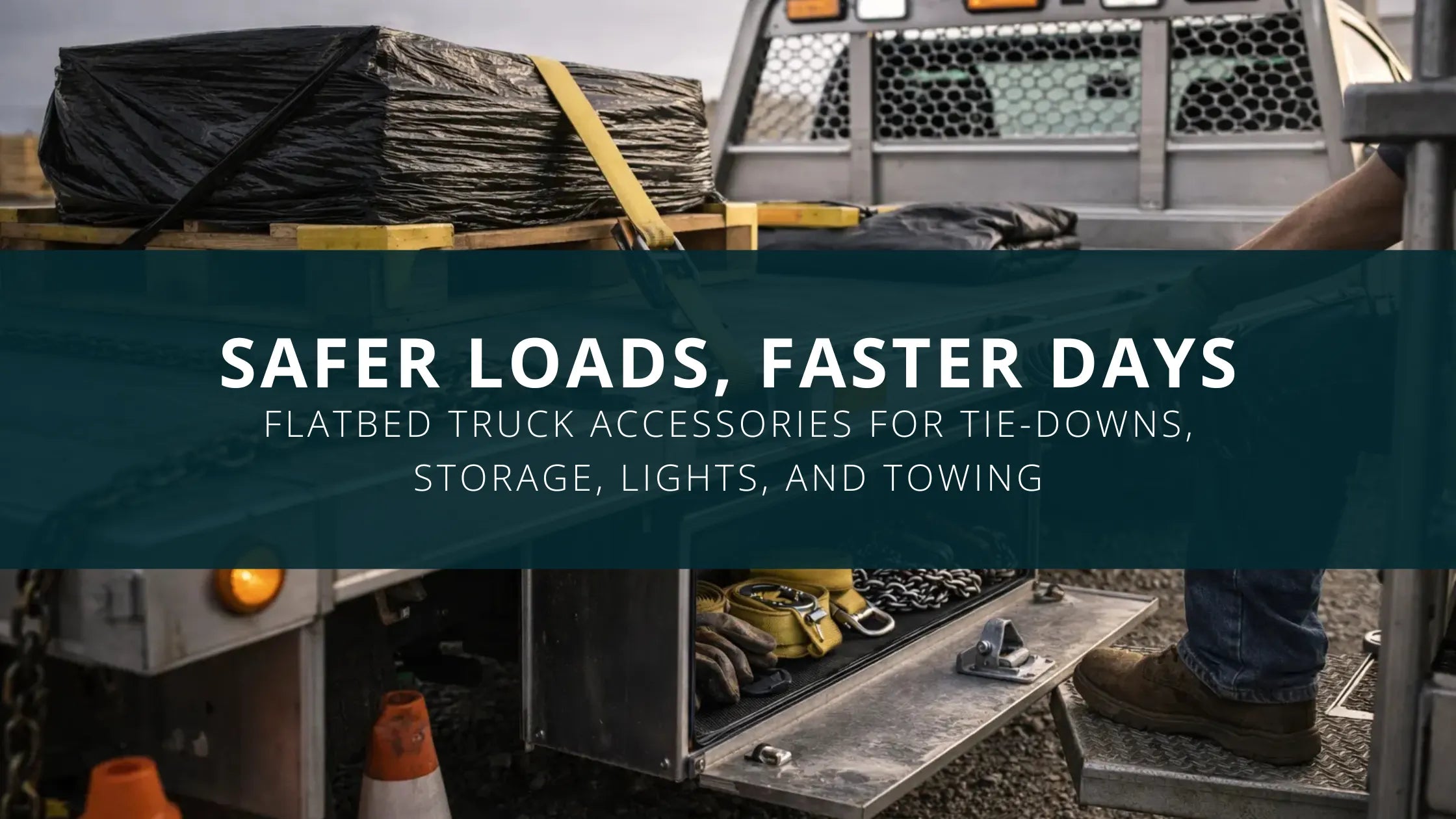 Flatbed truck accessories, including tie-downs and a storage box