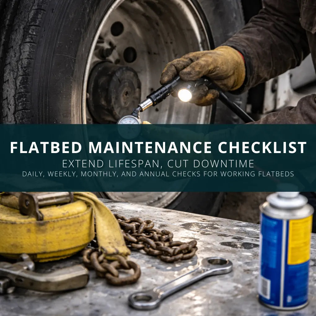 Mechanic checks tie-down points and lighting on an aluminum flatbed truck body.