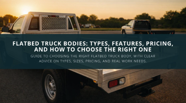 Flatbed truck body with aluminum bed shown at sunset, illustrating flatbed truck body types, features, and pricing for work trucks.