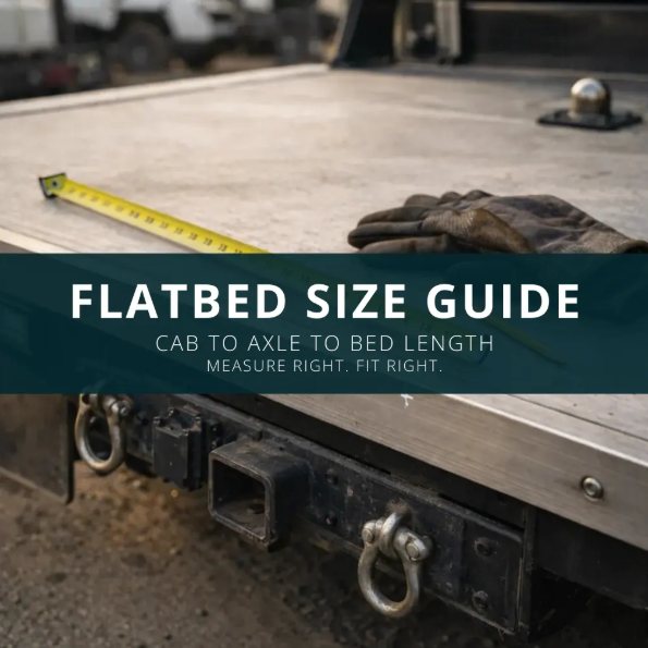 Flatbed truck size guide showing measuring tape on aluminum flatbed to determine cab-to-axle and bed length measurement.