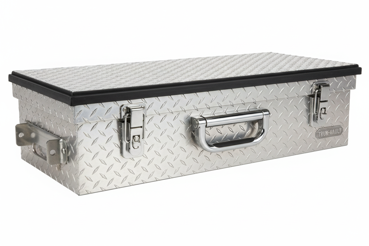 Aluminum diamond-plate truck tool box with reinforced latches and a carry handle, shown as a durable option among premium truck boxes for sale.